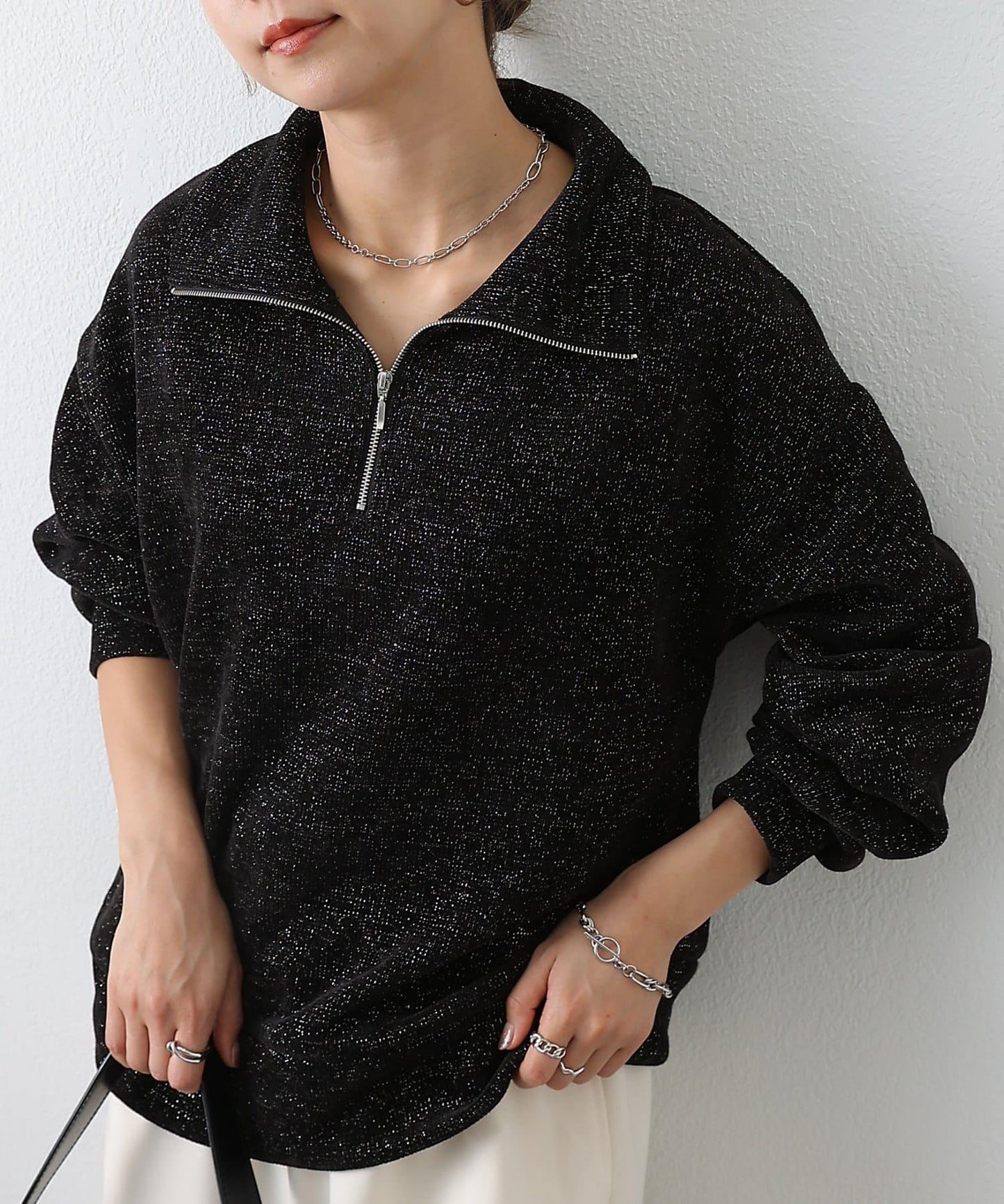 亮片紗半拉鍊套頭衫