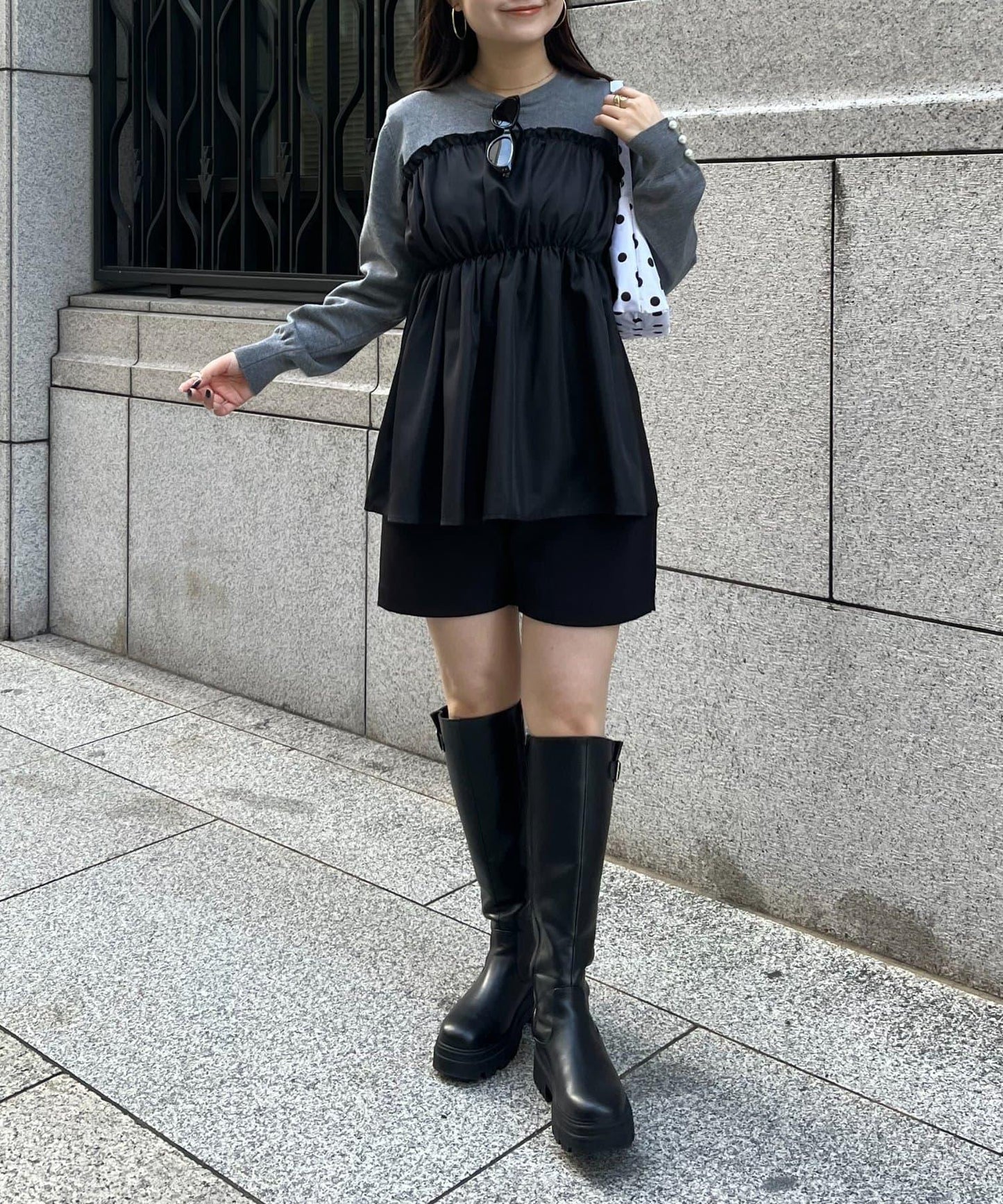 褶皺吊帶拼接荷葉邊針織衫