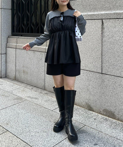 褶皺吊帶拼接荷葉邊針織衫