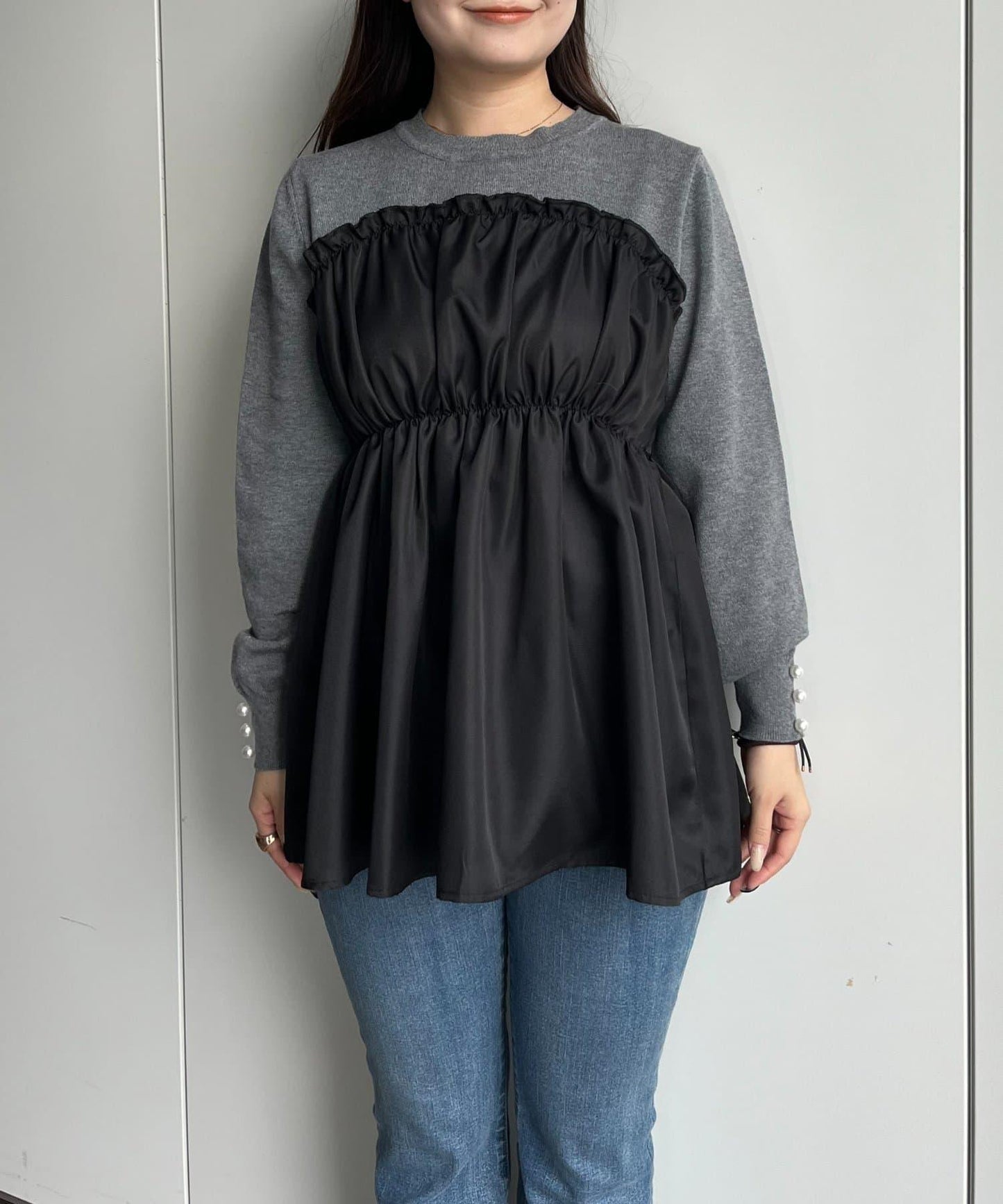 褶皺吊帶拼接荷葉邊針織衫