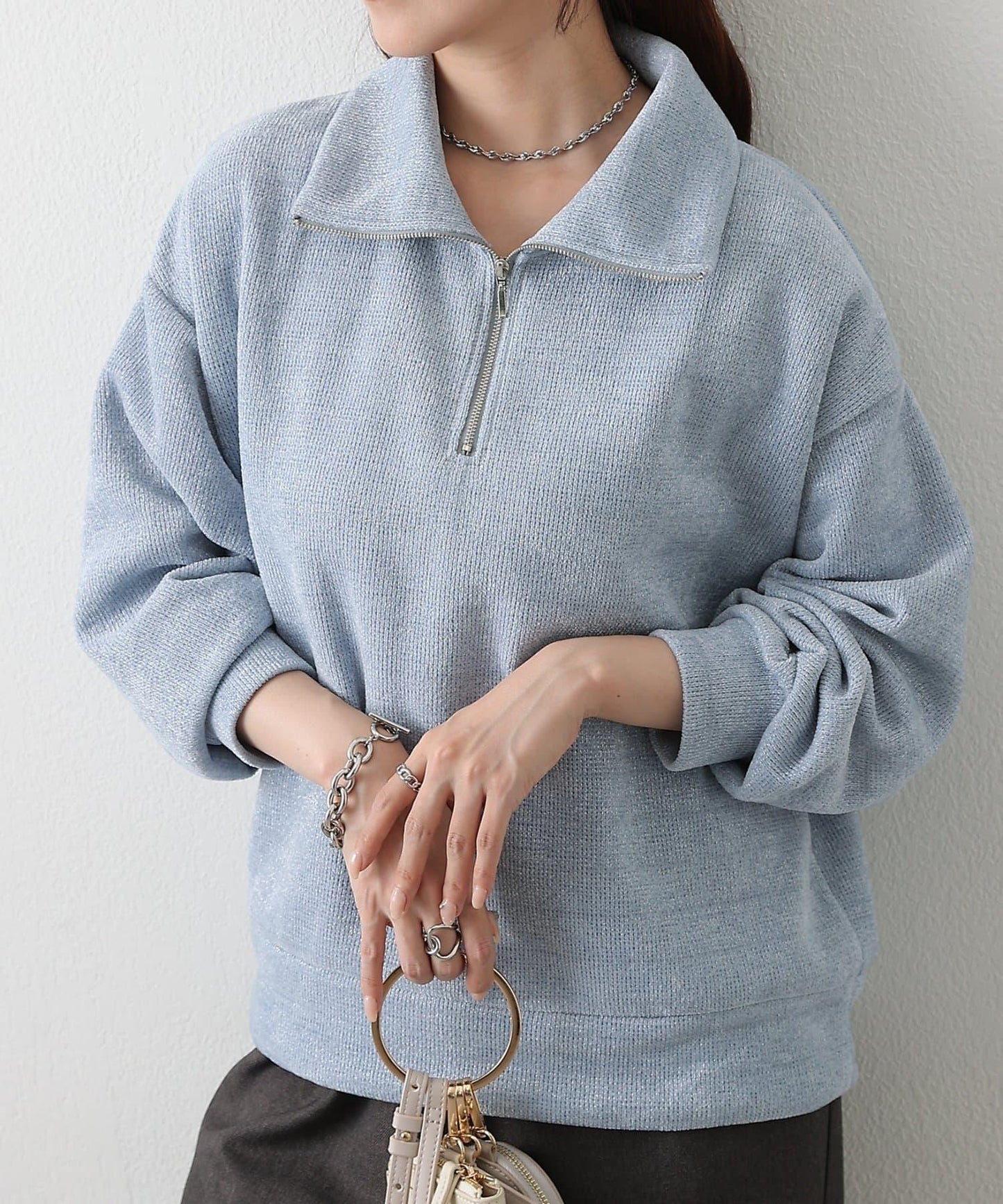 亮片紗半拉鍊套頭衫