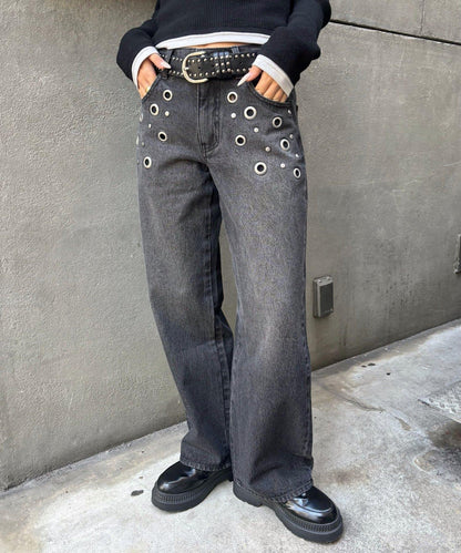 金屬孔眼高腰牛仔褲