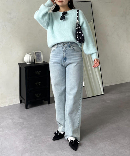 背部金屬裝飾船領長毛針織衫