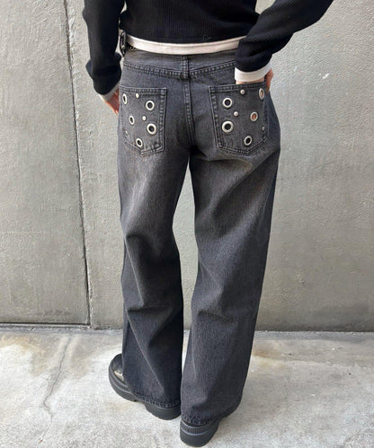金屬孔眼高腰牛仔褲