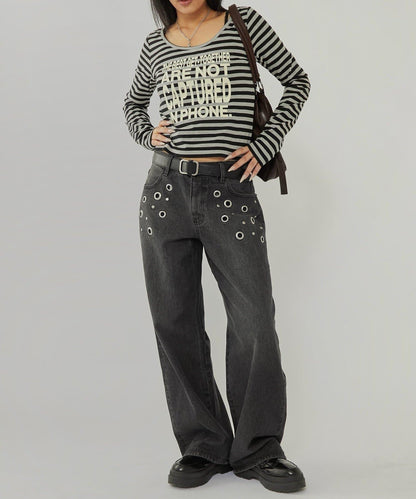 金屬孔眼高腰牛仔褲