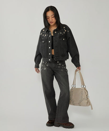 金屬孔眼高腰牛仔褲