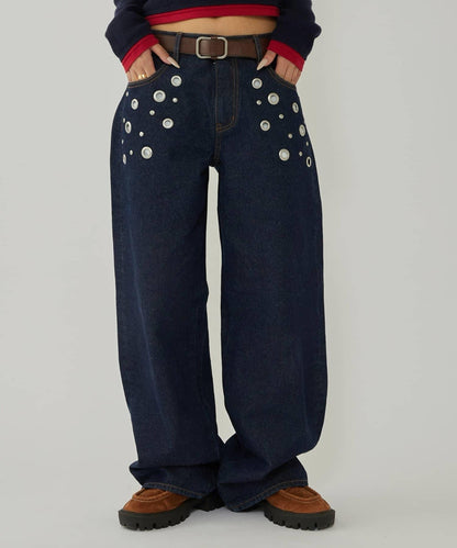 金屬孔眼高腰牛仔褲