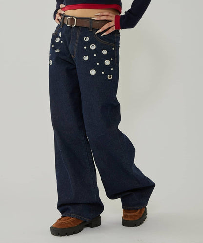金屬孔眼高腰牛仔褲