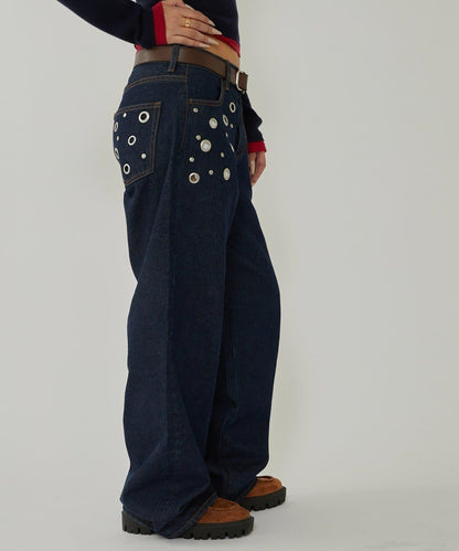 金屬孔眼高腰牛仔褲