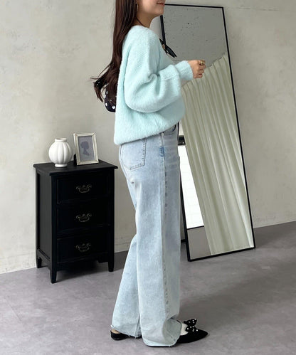 背部金屬裝飾船領長毛針織衫