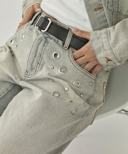 金屬孔眼高腰牛仔褲