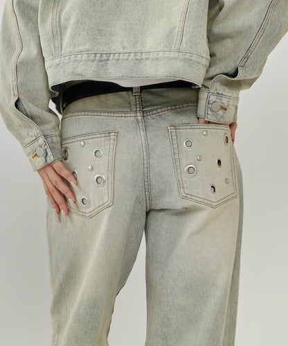 金屬孔眼高腰牛仔褲