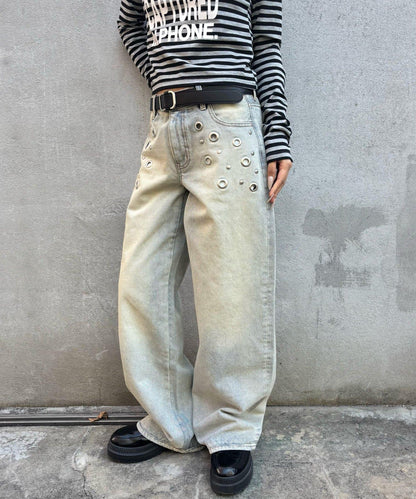 金屬孔眼高腰牛仔褲