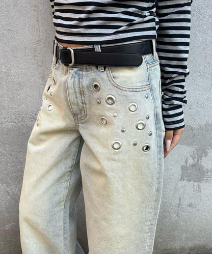 金屬孔眼高腰牛仔褲