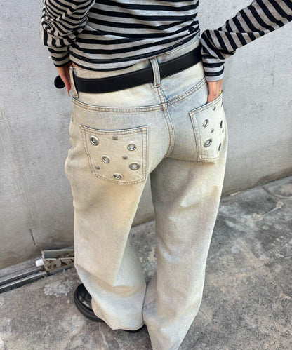 金屬孔眼高腰牛仔褲