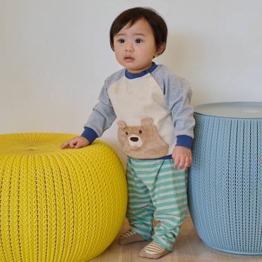 熊長袖T恤拼接條紋褲套裝