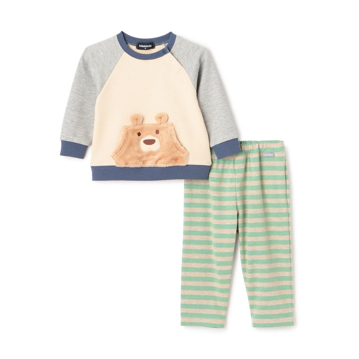 熊長袖T恤拼接條紋褲套裝