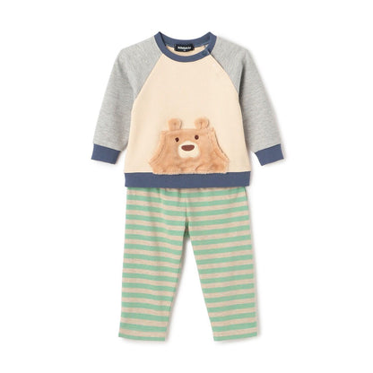 熊長袖T恤拼接條紋褲套裝