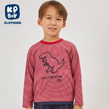 恐龍刺繡×肘部補丁細條紋長袖T恤