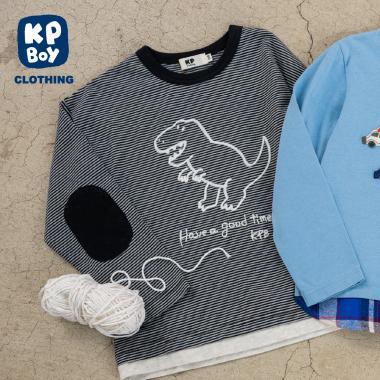 恐龍刺繡×肘部補丁細條紋長袖T恤