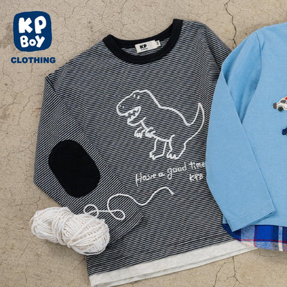 恐龍刺繡×肘部補丁細條紋長袖T恤