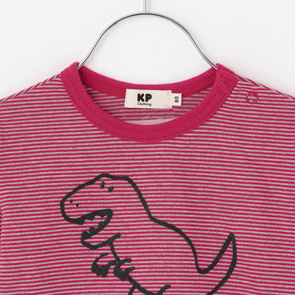 恐龍刺繡×肘部補丁細條紋長袖T恤