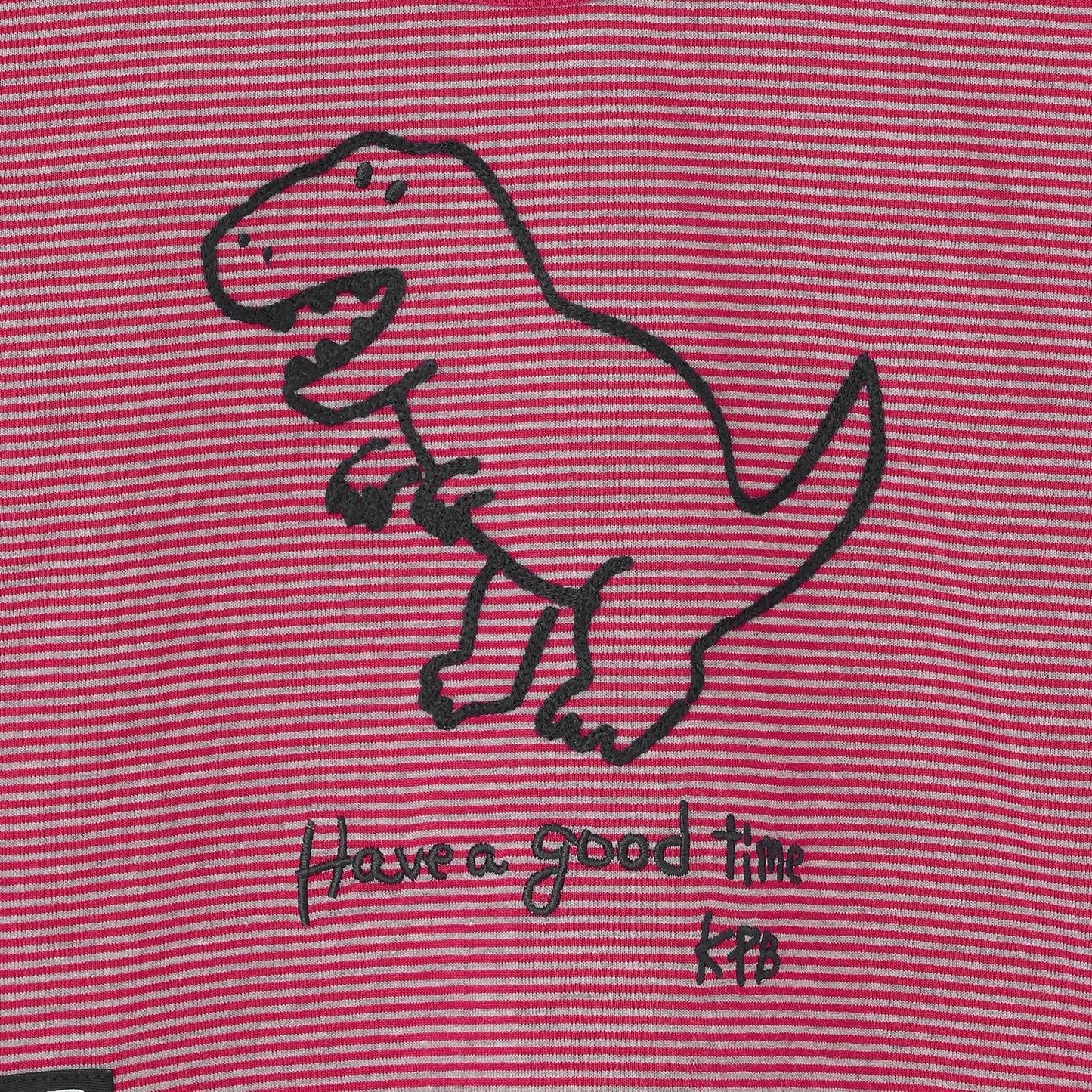 恐龍刺繡×肘部補丁細條紋長袖T恤