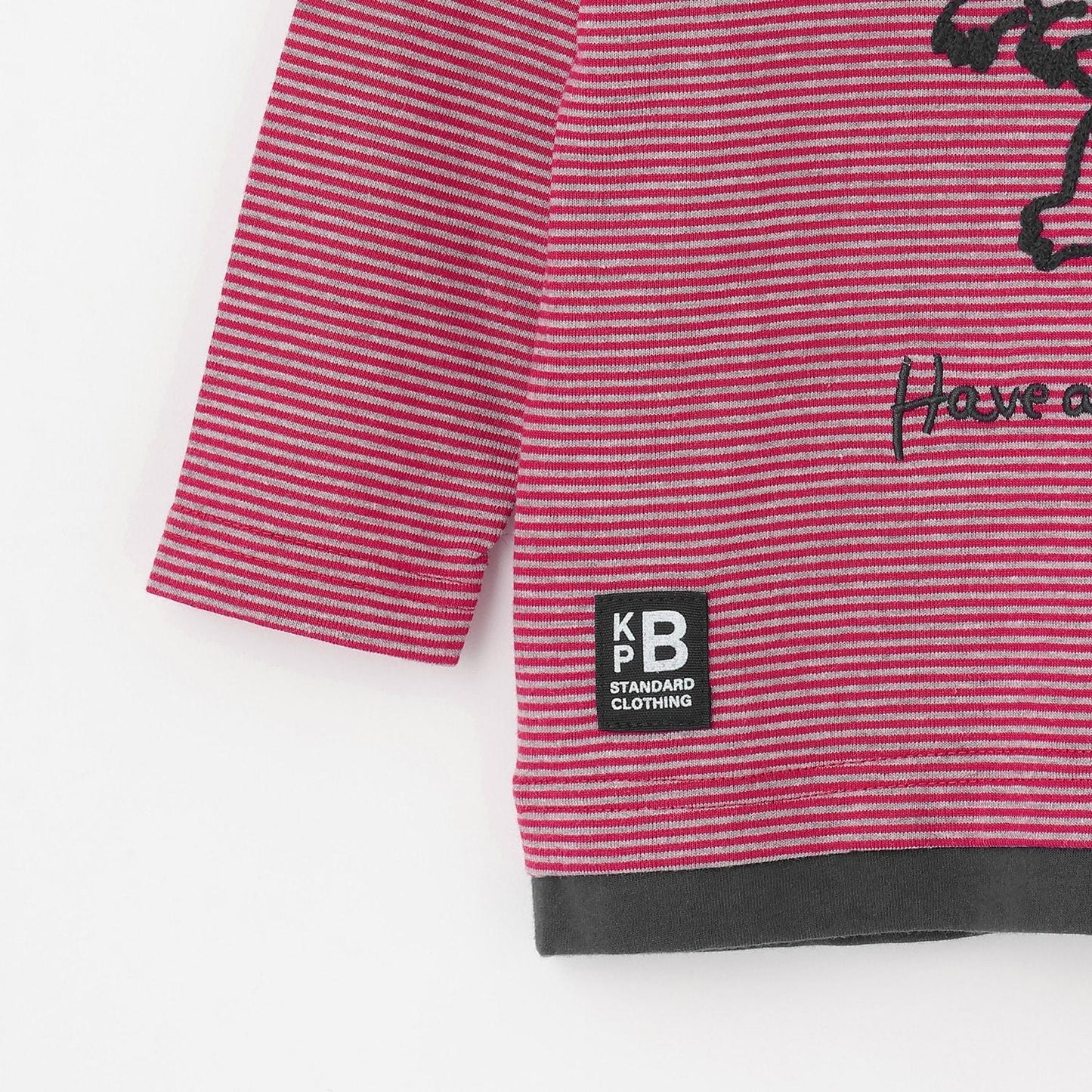 恐龍刺繡×肘部補丁細條紋長袖T恤