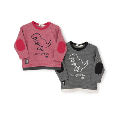 恐龍刺繡×肘部補丁細條紋長袖T恤