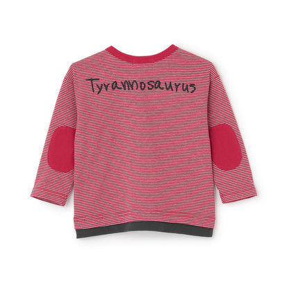 恐龍刺繡×肘部補丁細條紋長袖T恤