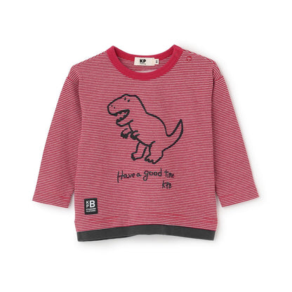 恐龍刺繡×肘部補丁細條紋長袖T恤