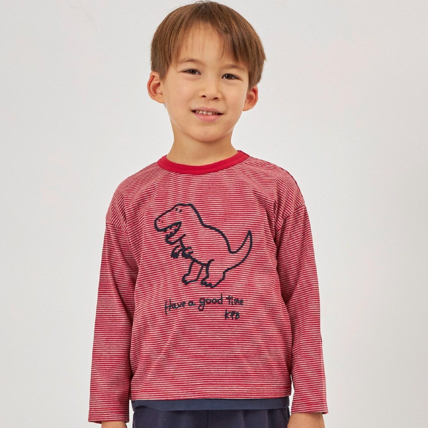 恐龍刺繡×肘部補丁細條紋長袖T恤