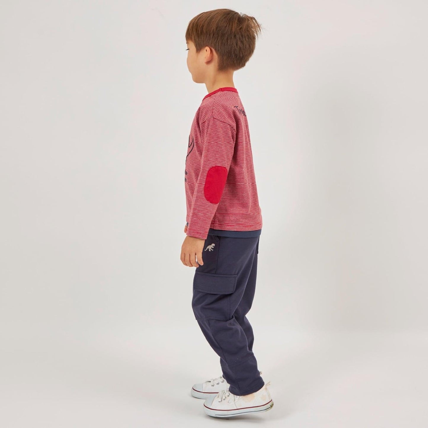 恐龍刺繡×肘部補丁細條紋長袖T恤