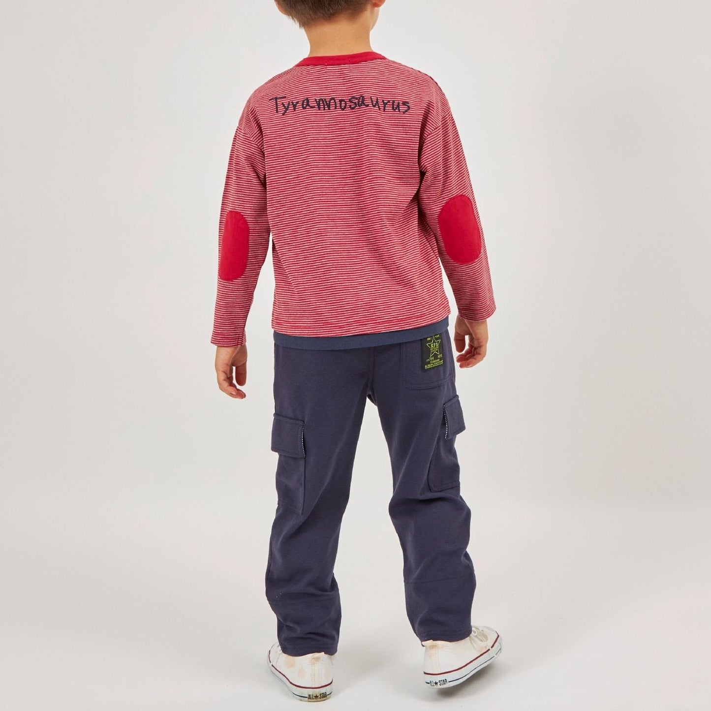 恐龍刺繡×肘部補丁細條紋長袖T恤