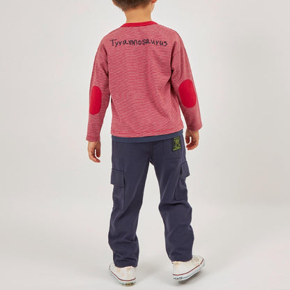 恐龍刺繡×肘部補丁細條紋長袖T恤