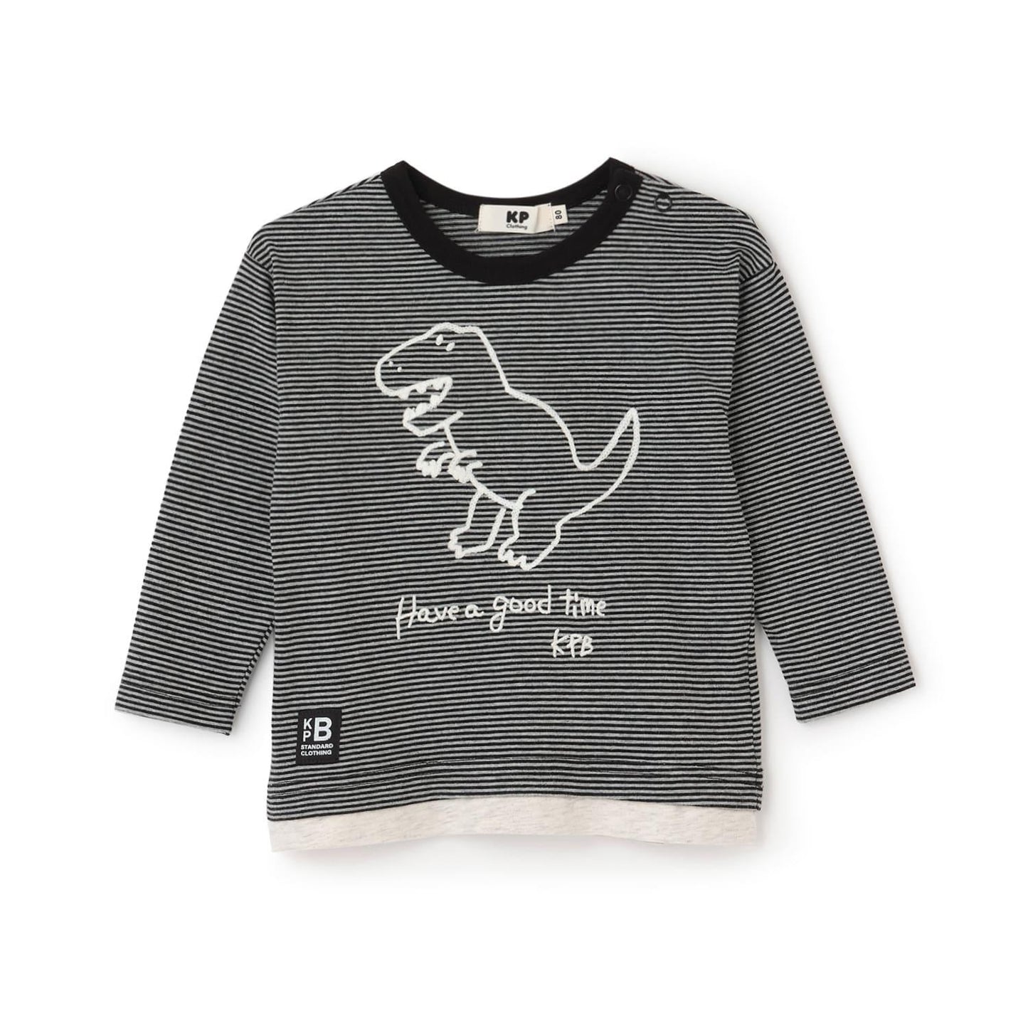 恐龍刺繡×肘部補丁細條紋長袖T恤