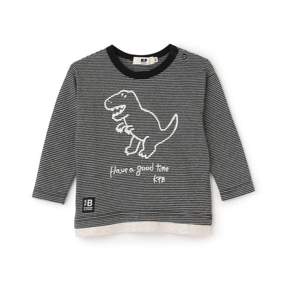 恐龍刺繡×肘部補丁細條紋長袖T恤