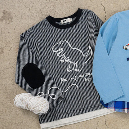 恐龍刺繡×肘部補丁細條紋長袖T恤