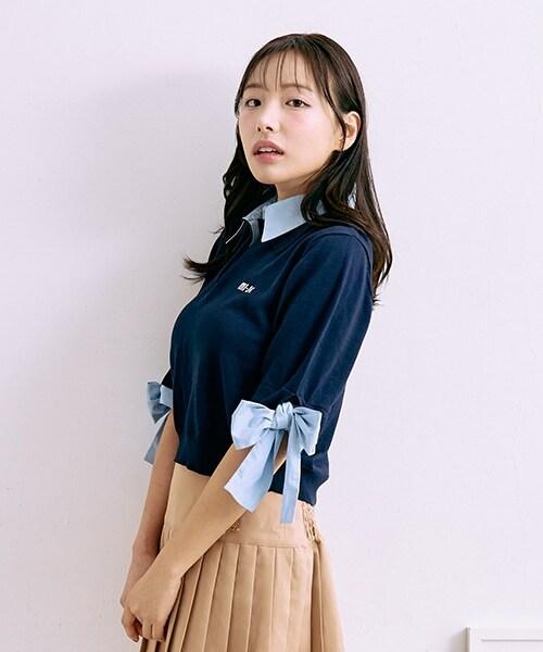 蝴蝶結袖拼接針織衫【韓國時尚】