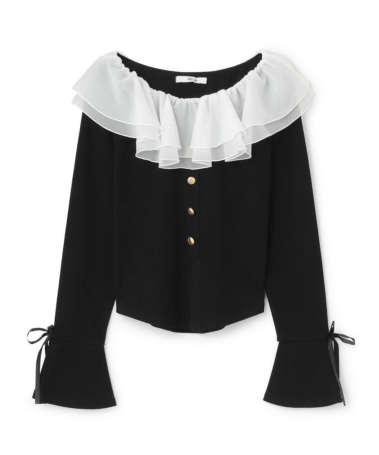 荷葉邊一字肩套頭衫【韓國時尚】