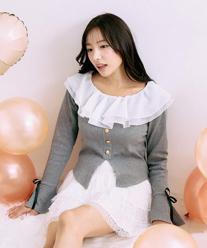 荷葉邊一字肩套頭衫【韓國時尚】