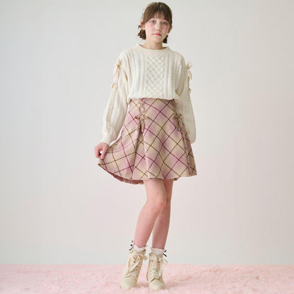 蕾絲繫帶蝴蝶結格紋喇叭裙褲