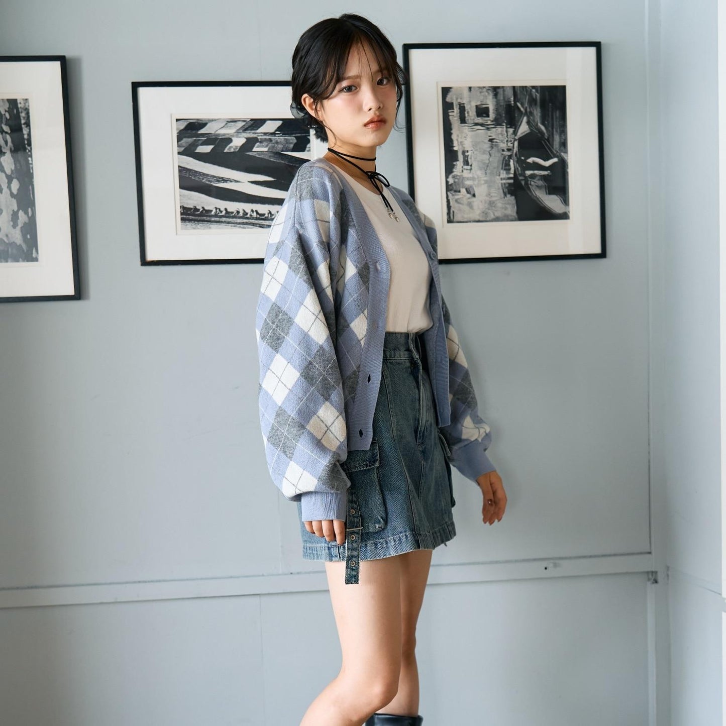 菱格針織T恤套裝