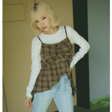 帶內襯不對稱下襬格紋吊帶背心