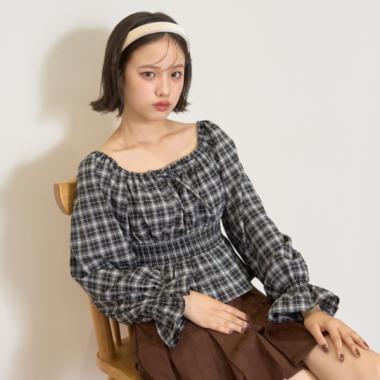 格紋一字肩襯衫
