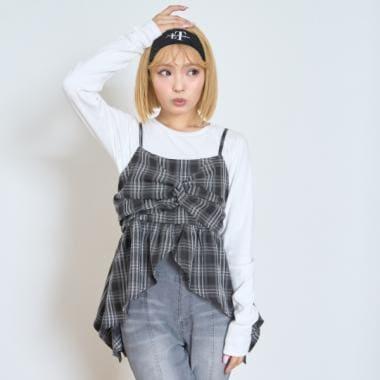 帶內襯不對稱下襬格紋吊帶背心