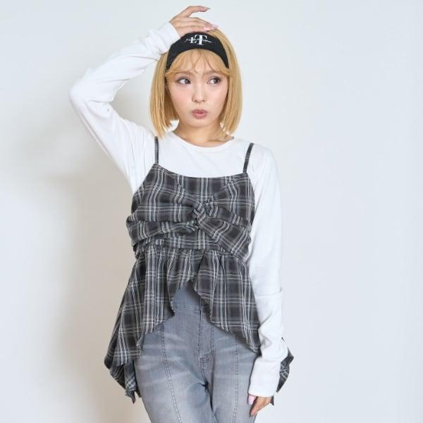 帶內襯不對稱下襬格紋吊帶背心