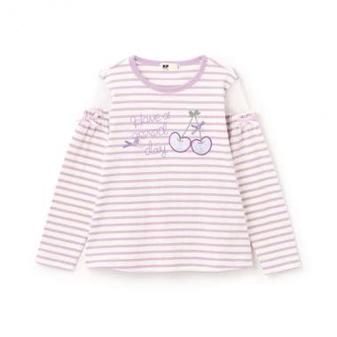 肩部網紗拼接條紋長袖T恤