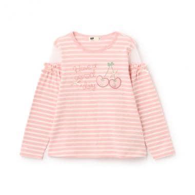 肩部網紗拼接條紋長袖T恤