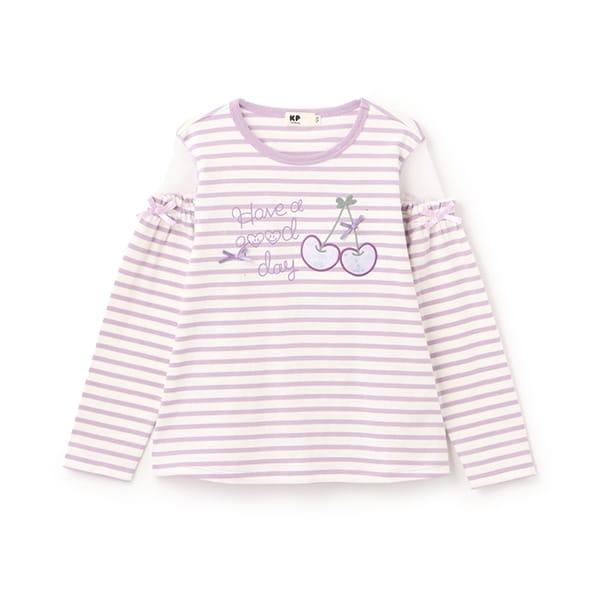 肩部網紗拼接條紋長袖T恤